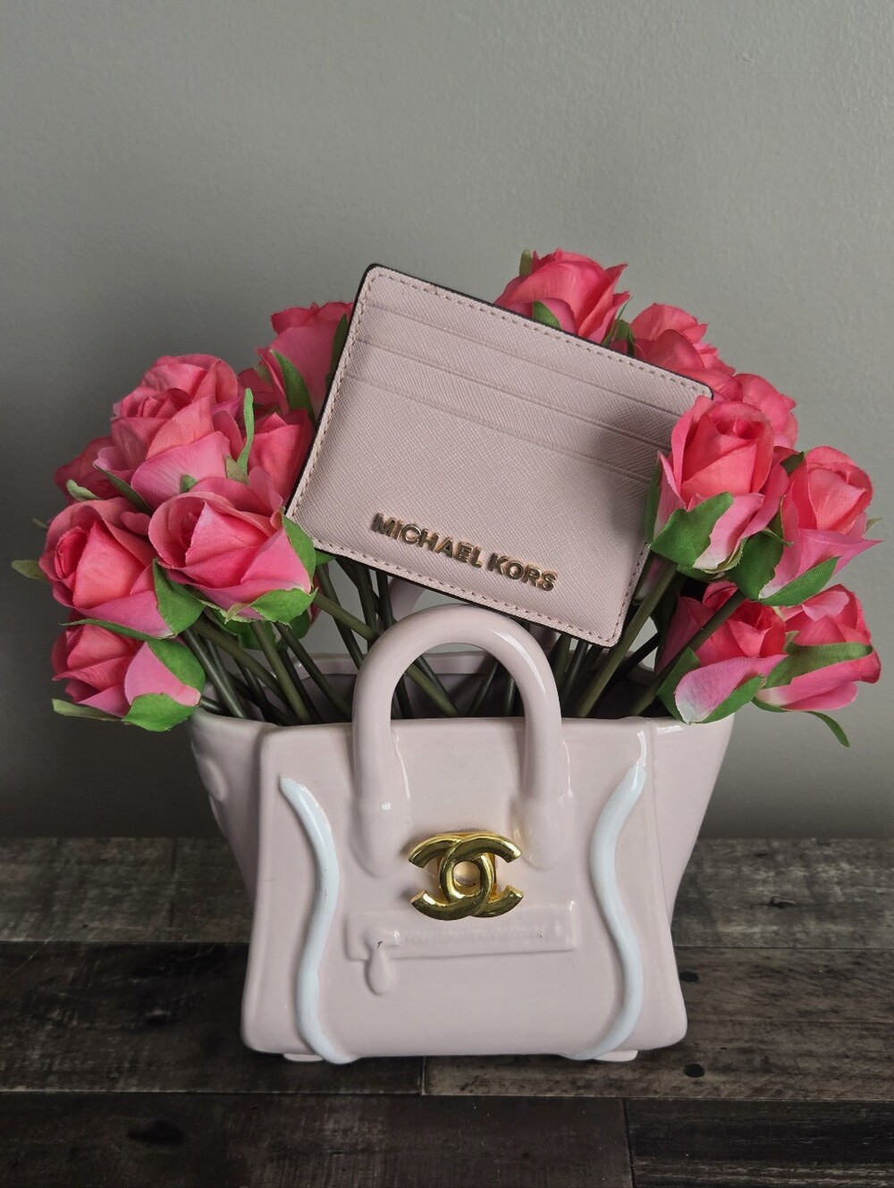 Michael Kors Blush Pink Saffiano Card Case with Gold Logo